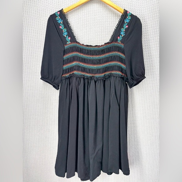 Savanna Jane Floral Embroidered Dress Black/Multicolor Peasant Boho Rainbow Sz S - Picture 6 of 9